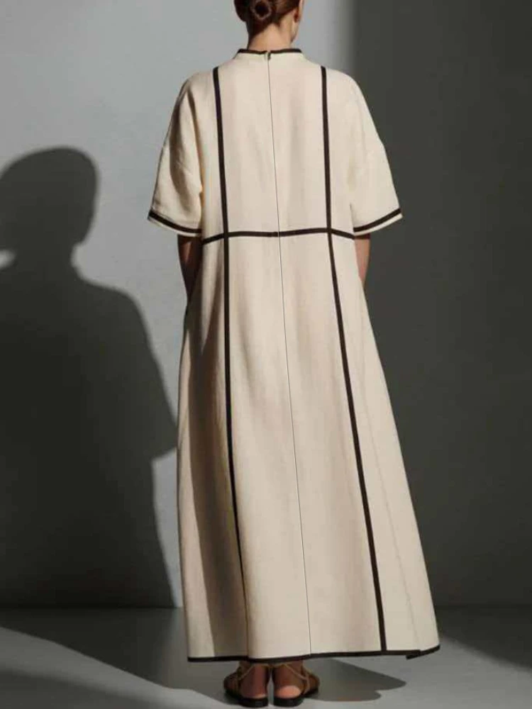 Minimalist Contrast Strip Linen Dress Women Round Neck Half Sleeve Loose Pocket Oversized Beige Long Kaftan Casual Maxi Dress
