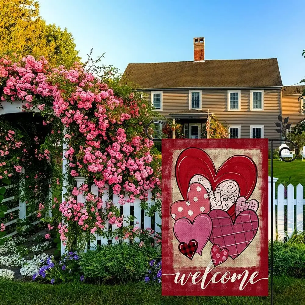 CROWNED BEAUTY Valentines Day Garden Flag 12×18 Inch Double Sided for Outside Heart Small Holiday Welcome Yard Decoration