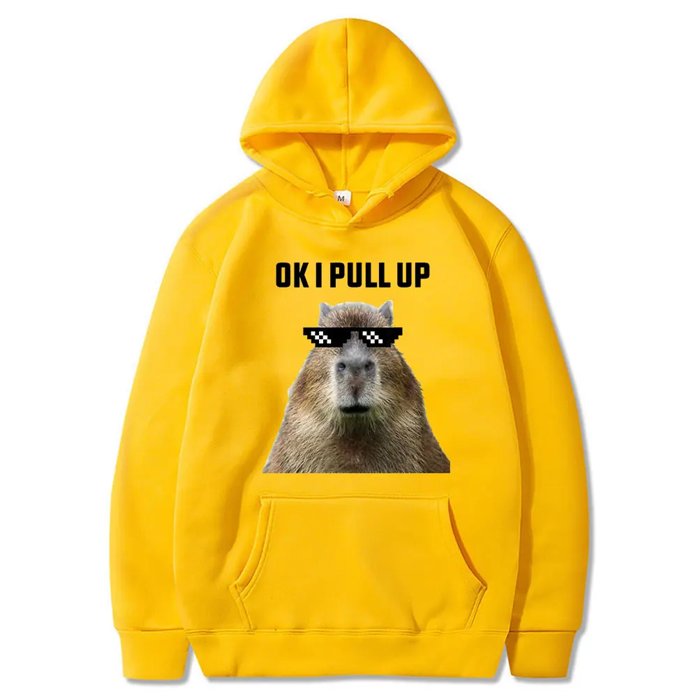 Funny Ok I Pull Up Capybara Print Hoodie Men\'s Fashion Casual Oversized Hooded Sweatshirts Gothic Pullovers Clothes for Teens