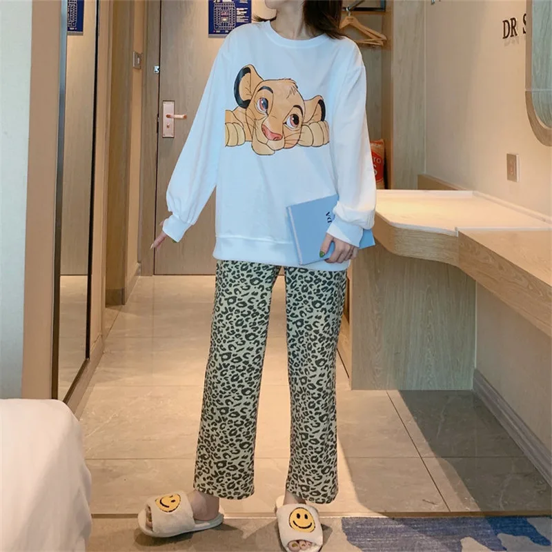 Disney Cartoon Lion King Simba Pajamas Women\'s Spring Autumn Long-sleeved Trousers New Girl 2pcs Leopard Print Homewear Suit