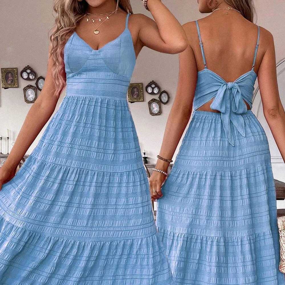 فستان ماكسي أنيق بحمالات بلون موحد، أزياء نسائية جديدة لربيع هذا العام، فستان طويل بخصر مرتفع من البوليستر المحبوك السميك #4