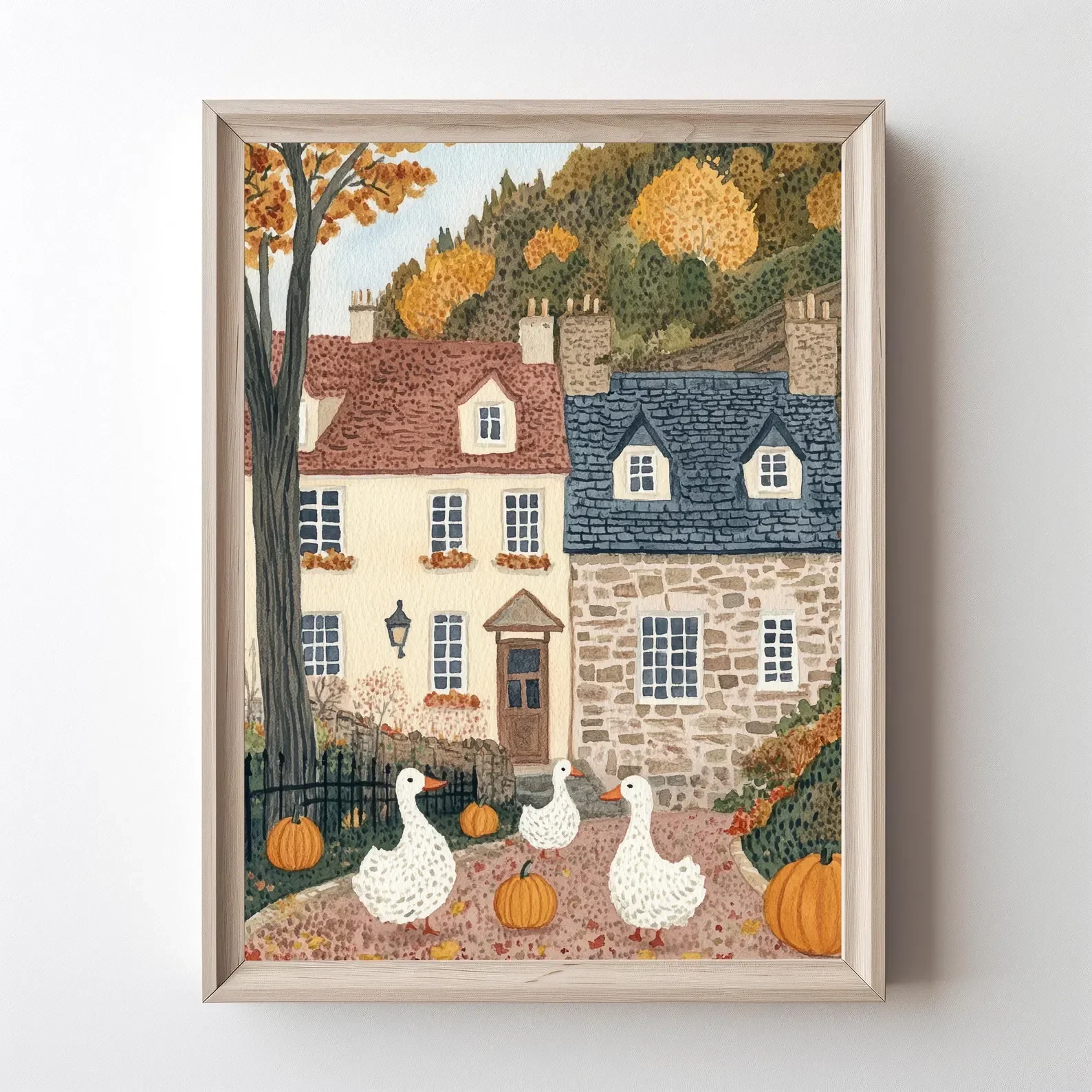 1pc  frameless Canvas Painting Autumn Village Print Farmhouse Decor Wall Art Duck with Pumpkin Digital Download Fall Pumpkin Pri