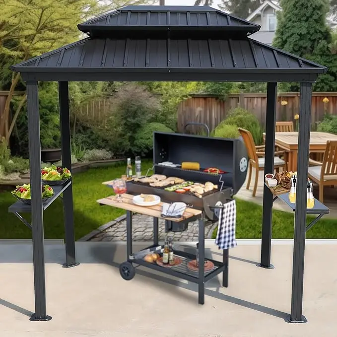 6' X 8' Double Galvanized Metal Roof Aluminum BBQ Gazebo Outdoor Barbecue Grill Station 2 Side Shelves Hardtop Canopy Pergola
