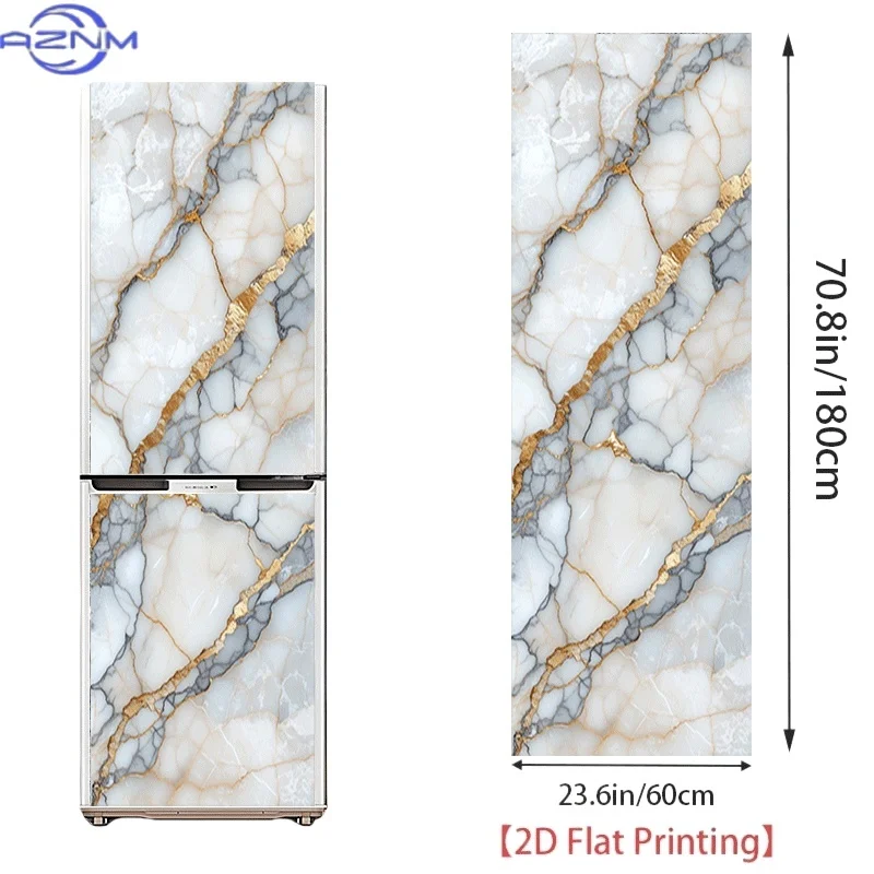 2D Flat Printing 1pc 2D Pattern Printed Kitchen Refrigerator Sticker 23.62x70.87inch Flowing Golden Marble Pattern Themed Kitc