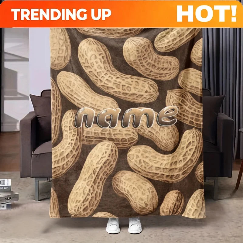 Customize Customizable Name Delicious Peanut Pattern Throw Blanket - Contemporary Style All-Season Flannel, Knit Fabric with Dig