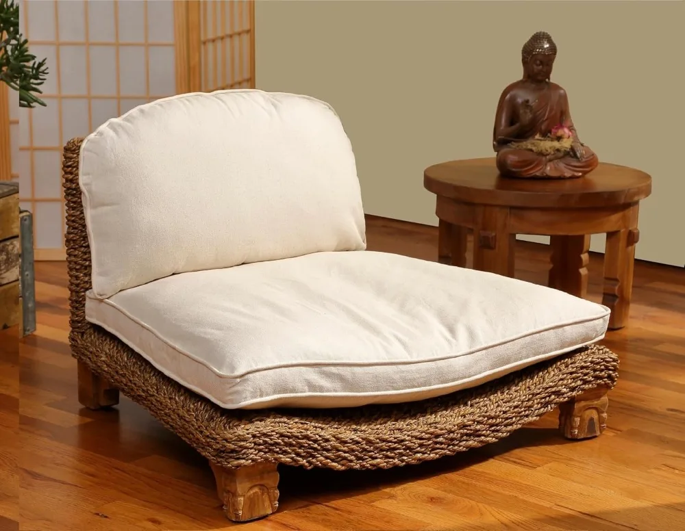 Serenity Meditations-Bodenstuhl mit Seegras-gewebtem Sitz und massivem Mangowood-Rahmen, gepolstertem Sitz, Holzbeinen, natürliches Finish