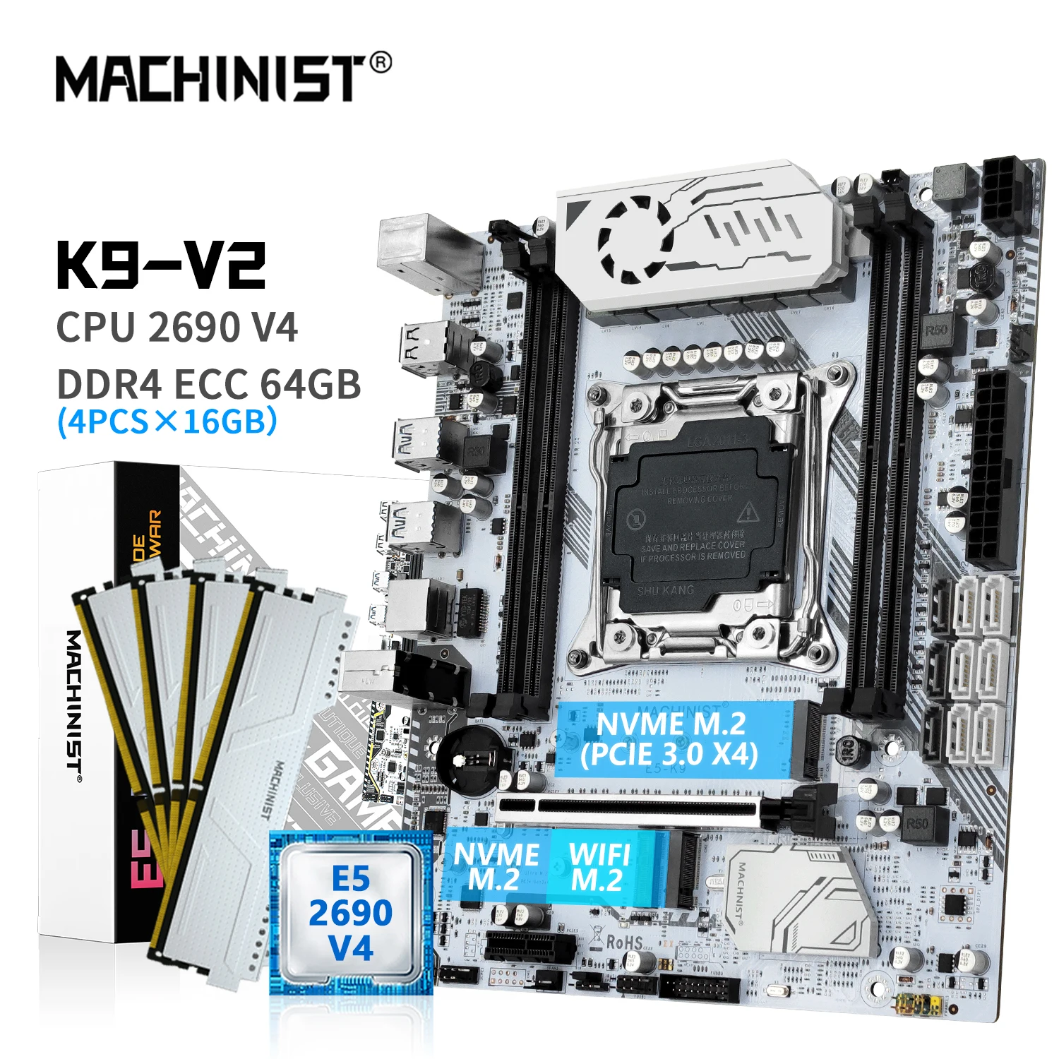 MACHINIST X99 K9 V2 Motherboard Combo LGA 2011-3 Kit Xeon E5 2690 V4 CPU Processor 64GB DDR4 ECC RAM Memory NVME M.2 WIFI USB3.0