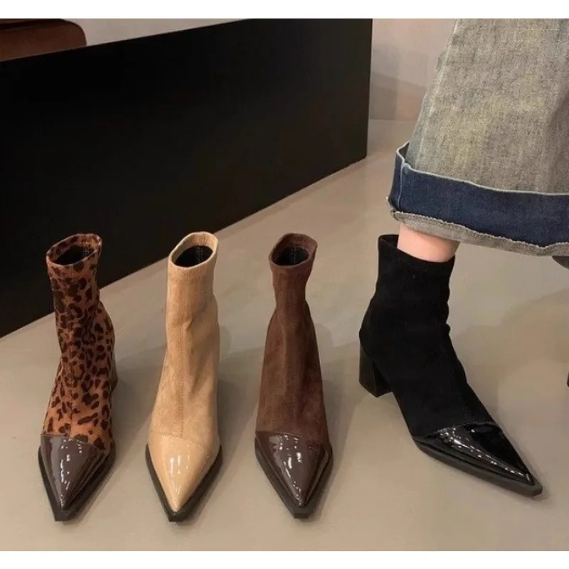 

Women's New Autumn Chunky Single Boots Pointed Suede Splicing Anti-slip Wear-resistant Ankle Boots Short Booties