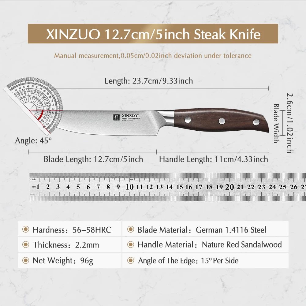 XINZUO 4PC 5 Inch Steak Knife Set German 1.4116 Steel 56-58 HRC 15°±1 Edges Red Sandalwood Handles Lightweight Durable Anti Rust