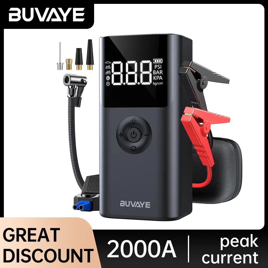 

BUVAYE 2000A Portable Car Battery Starter Power Bank with 150PSI Air Pump 12V Battery Booster for 8L Gas And 6L Diesel Engines