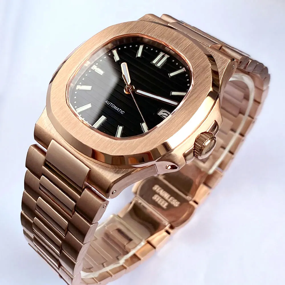 تخصيص كامل ارتفع الذهب مربع نحى حالة التلقائي الرجال ووتش NH35 حركة 10ATM للماء الياقوت الكريستال البني الهاتفي