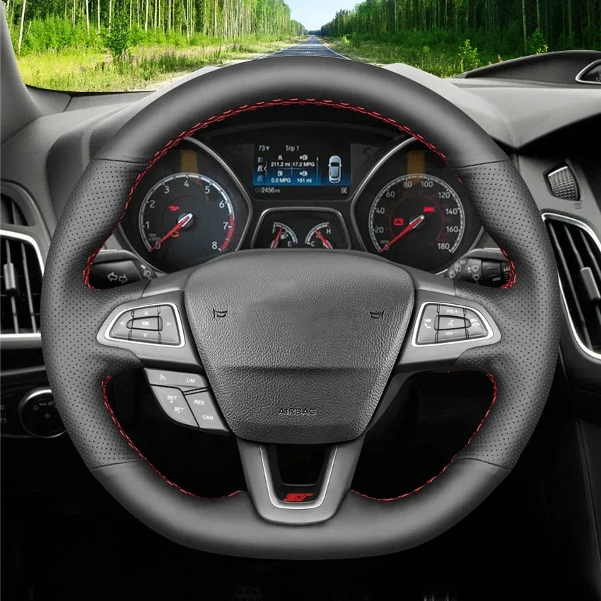 Black Faux Leather Hand-stitched Soft Car Steering Wheel Cover Braid for Ford Focus RS ST Kuga Ecosport ST-Line Escape 2015-2023