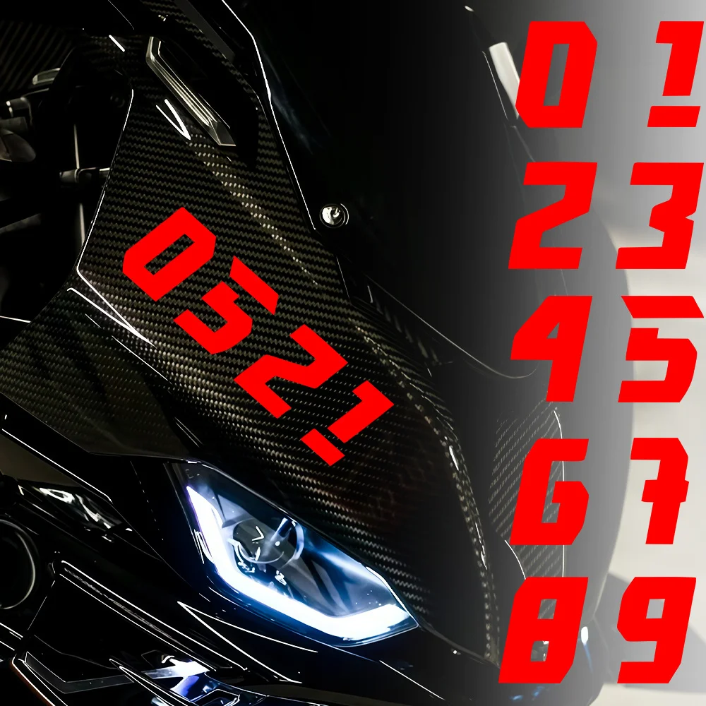 

2 шт. красных наклеек с номерами 0-9 для мотоциклов, водонепроницаемые виниловые наклейки для шлема, топливного бака, обтекателя, скутера, автомобиля