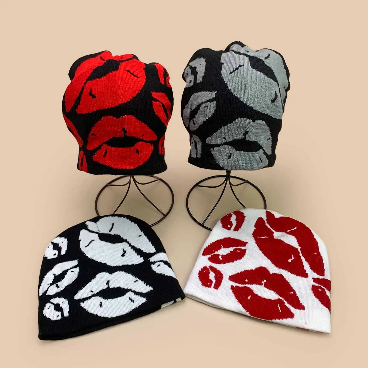 

European Style Jacquard Sexy Lips Street Knitted Hats New Women Color Block Warm Hip Hop Fashion Personal Beanies Versatile ins