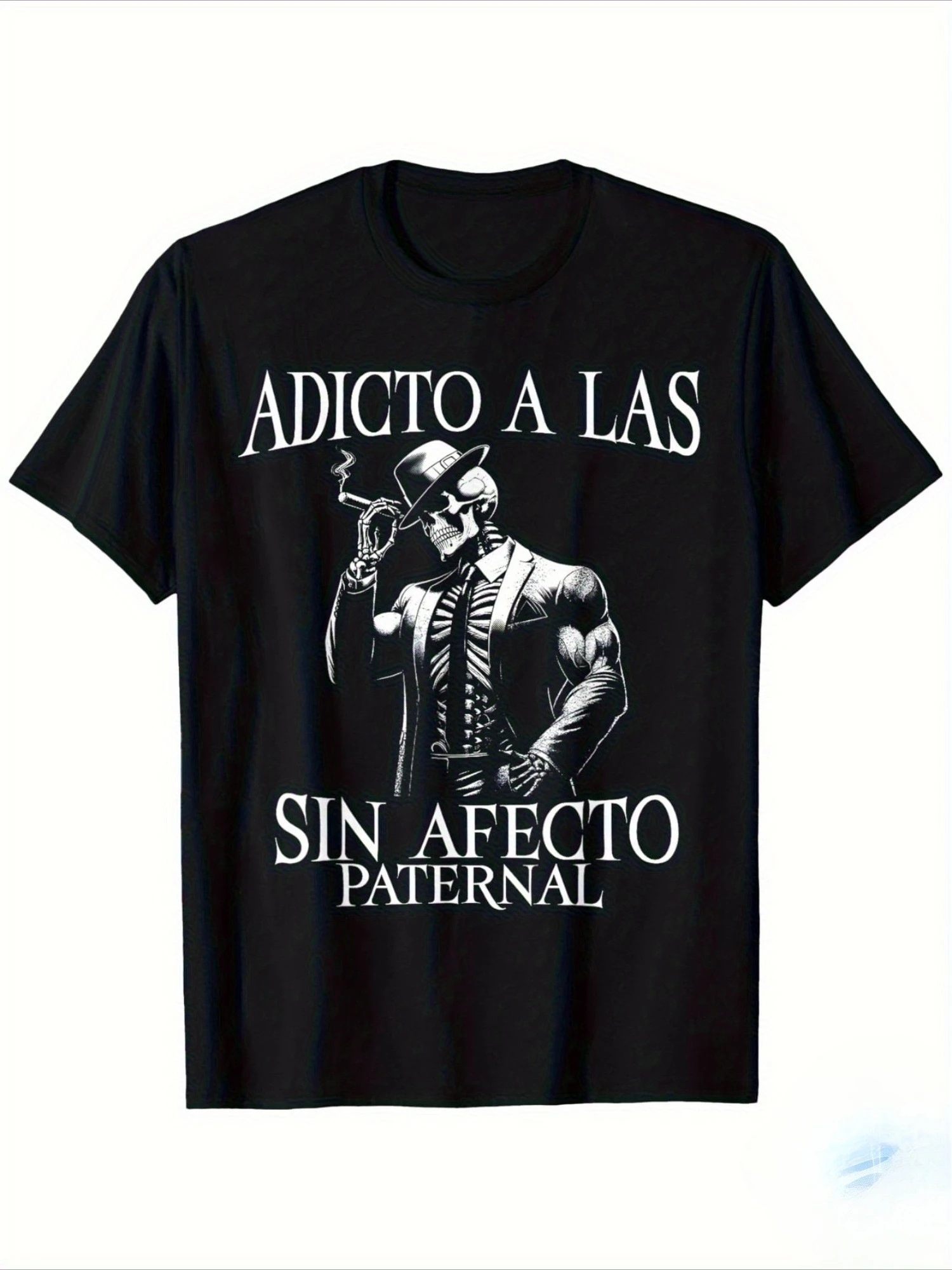 Sommer Meme ADICTO A LAS SIN AFECTO PATERNAL Skelett-Print Streetwear Lässiges T-Shirt für Damen und Herren Oversize Retro Hip Hop Y2K – Detail 4