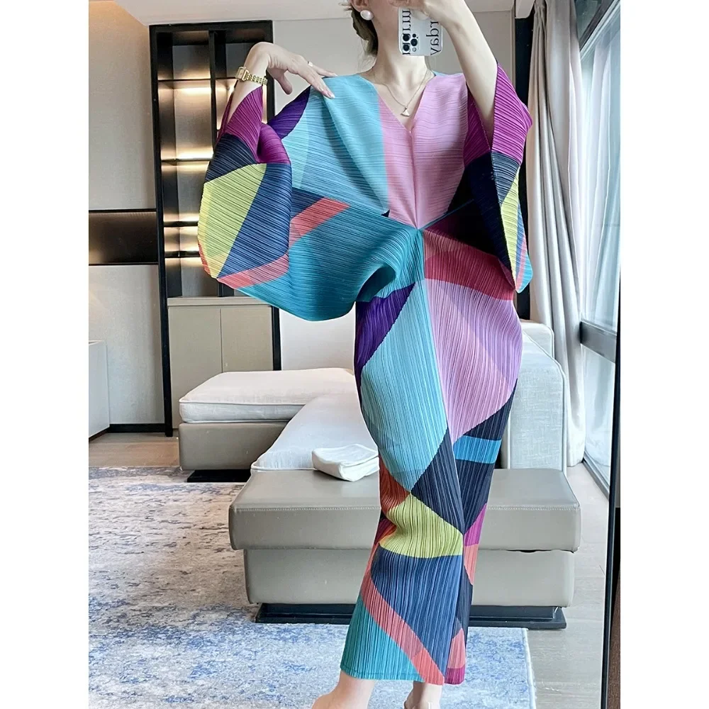 

Miyake Folds Fall Geometric Print Fashion Bat Sleeve Dress Temperament Elegant Large Size Personality Women's Long Dresses