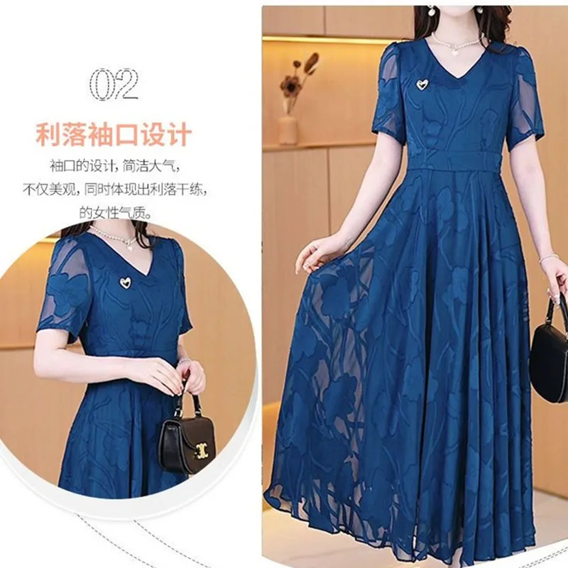 Summer Top-Grade Printing Chiffon Middle-Aged Elderly Mother Dress Large Size V-Neck Slim Short Sleeved Dresses Women Vestidos