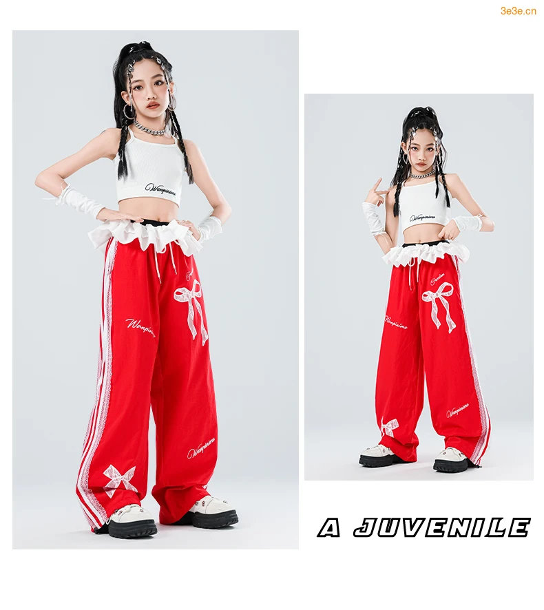 Schwarze Freizeithose für Kinder mit Spitzenschleife für Mädchen, Frühlingsmode, Spitzenhose, lockere Freizeithose mit weitem Bein, Streetwear – Detail 2