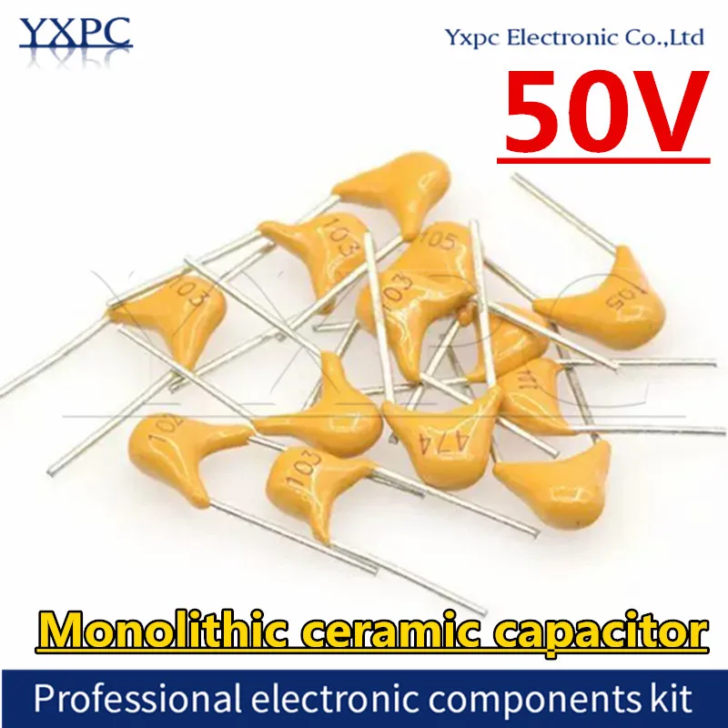 100pcs 50V monolithic ceramic capacitor P=5.08mm 10PF 22PF 100P 47NF 220NF 1NF 4.7UF 1UF 100NF 330NF 0.1UF 102 104 105 106 152