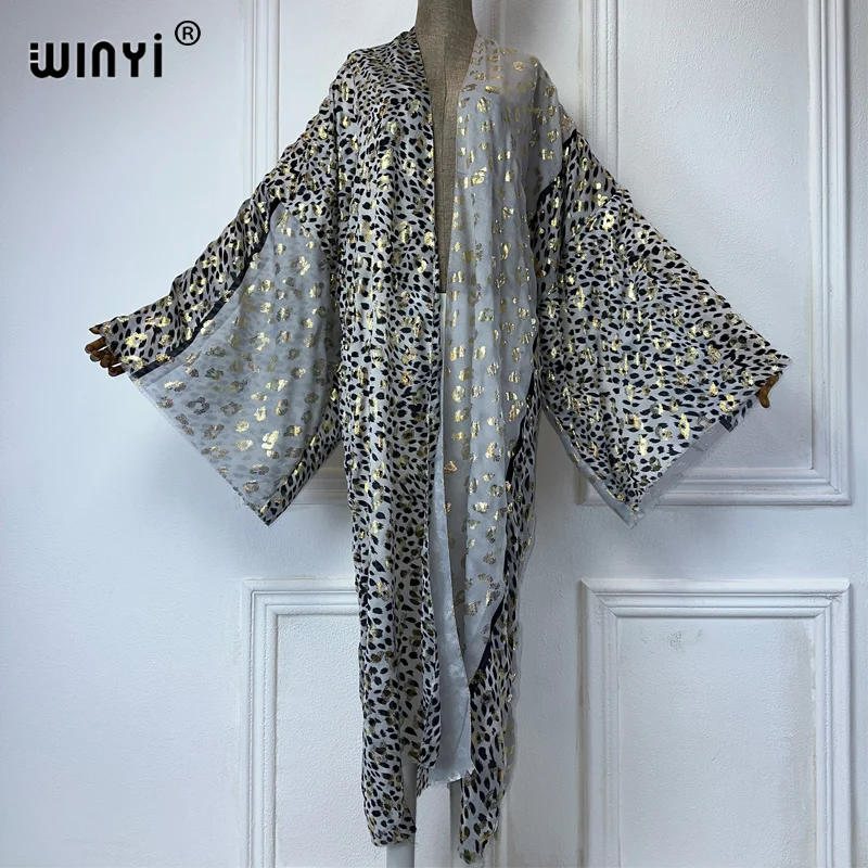 WINYI Kimono Women leopard Print Hot stamping cardigan Female kaftan abaya dubai luxury beach Cover Up boho clothing party dress