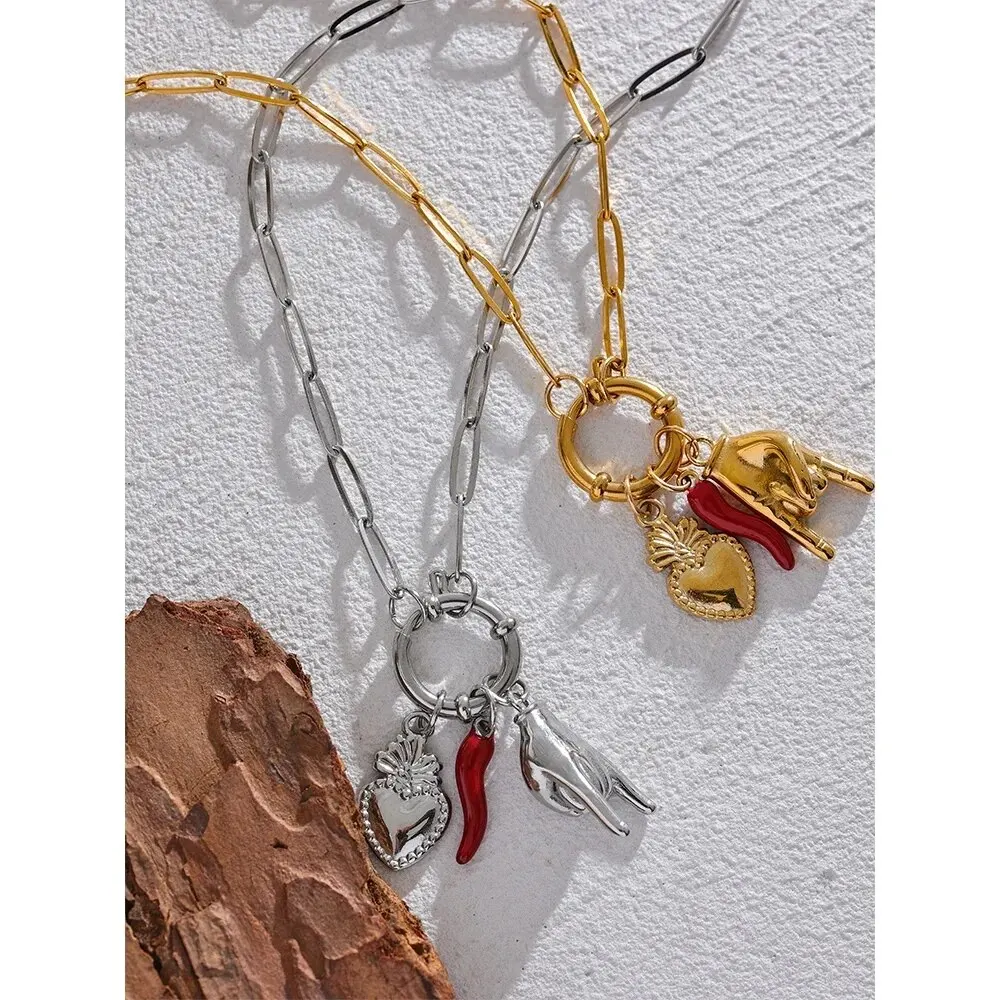Red Chilly Gold Palm Heart Pendant Women Necklace Korean Chain Red Epoxy Silver Color Option Women Evening Party Jewelry