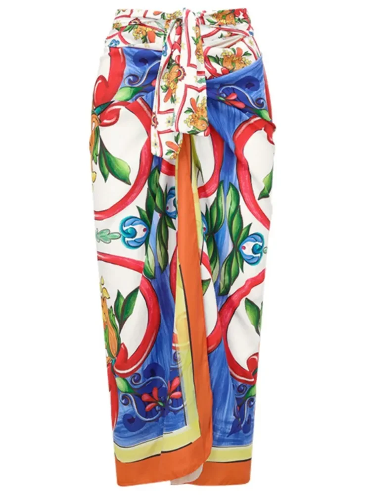 Retro Blue Bikini Printed Fashion Two Piece Swimsuit And Cover Up With Pants Tight Women's Bandage Summer Beach Luxury Elegant