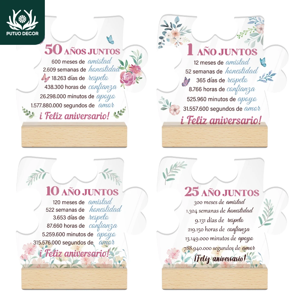 

Putuo Decor Spanish Jigsaw Puzzle Shaped Acrylic Sign Wood Base Table Decor,Decoration for Home Anniversary Date,Good friendship