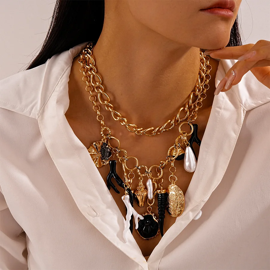 

2 Pcs Punk Gold Plated ZAA Necklace for Women Unique Design Deer Antler Conch Turtle Pendant Necklaces Multi Layer Chain Jewelry