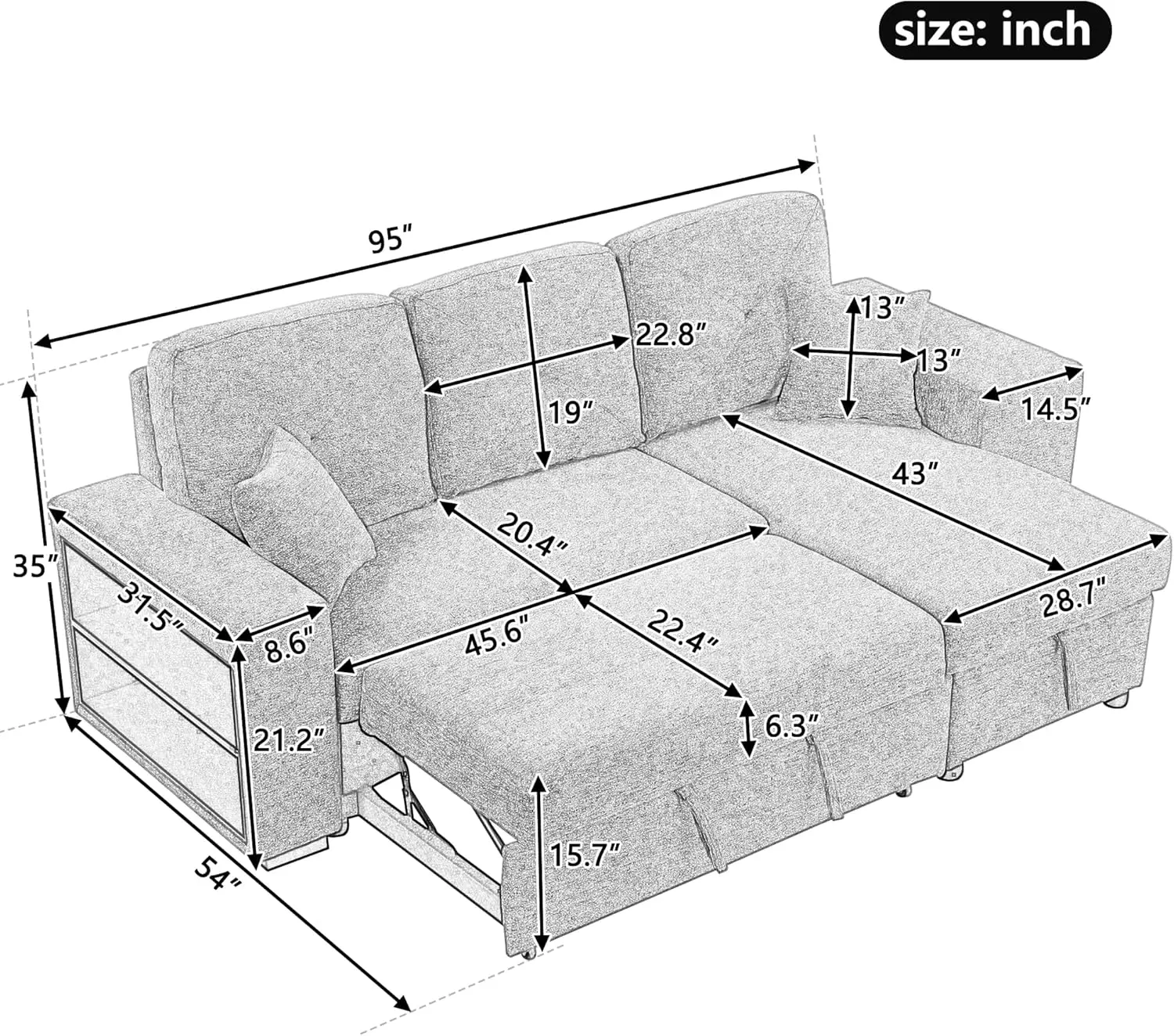 95"" Reversible Sleeper Sectional Sofa Bed With Side Shelf And 2 Stools,Pull-Out L-Shaped Couch With Storage Chaise Left/Right