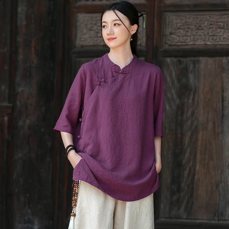 Chinesischen Stil Frauen Casual Shirt Neue Ankunft 2025, Sommer Vintage Stehkragen Lose Weibliche Halbe Hülse Tops Shirts M1846