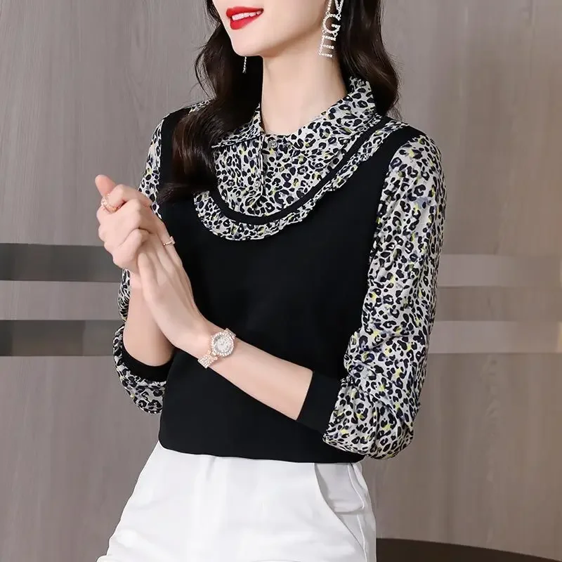 

Original Design Niche Characteristics Senior Fashion Shivering Leopard Montage Fake Two Pieces Women's Top Spring Autumn XQ733