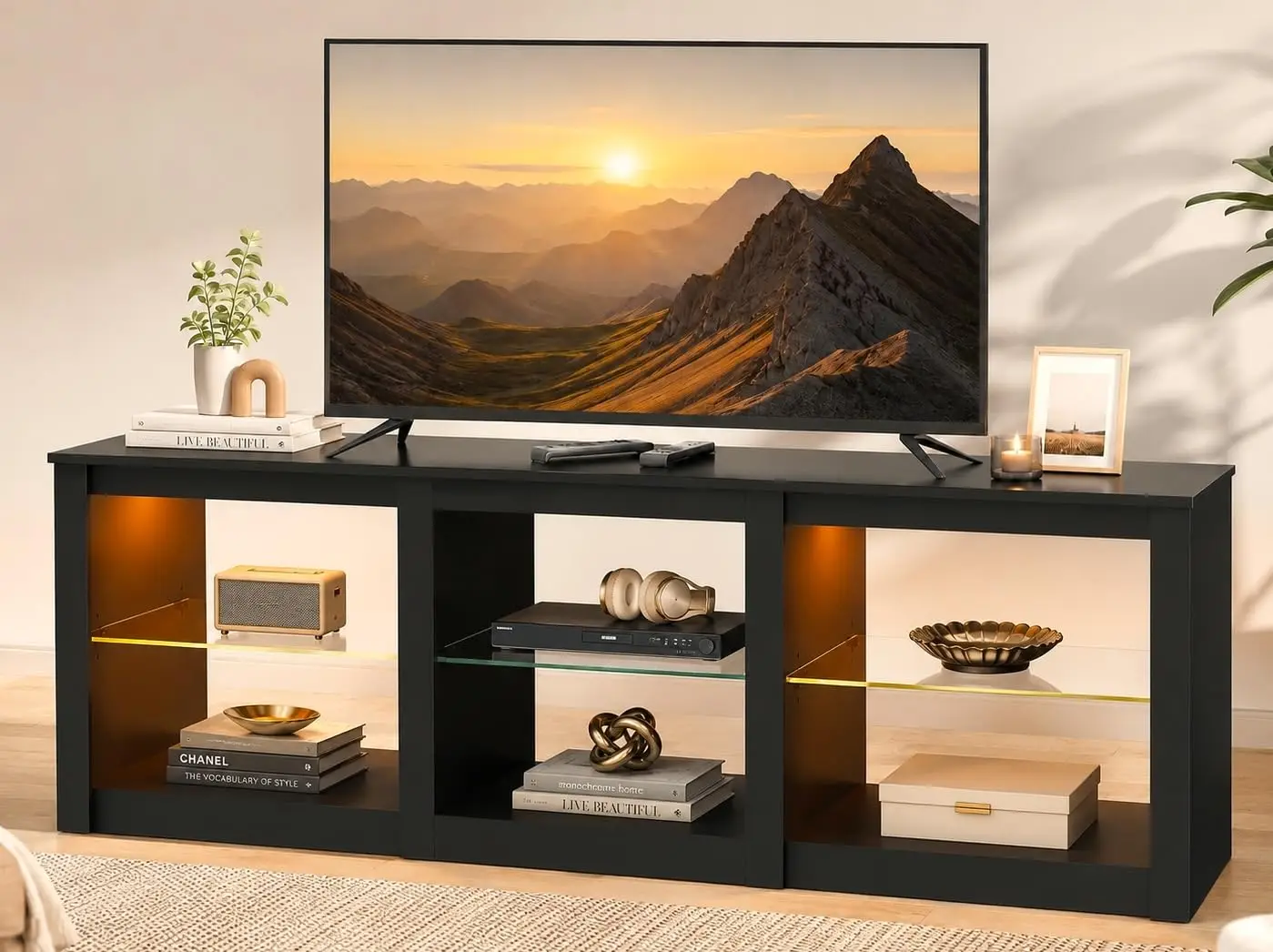 TV Stand 55/65/75 Inch Modern Entertainment Center LED Lights Adjustable Glass Shelves Media Console Living Room Bedroom Gaming,