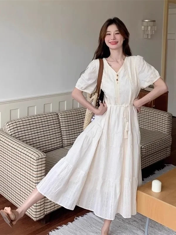 

plus Size Women's V-Neck A-Line Dress Summer Casual Hollow out Long Dress Breathable Lightweight Polyester Short Sleeve