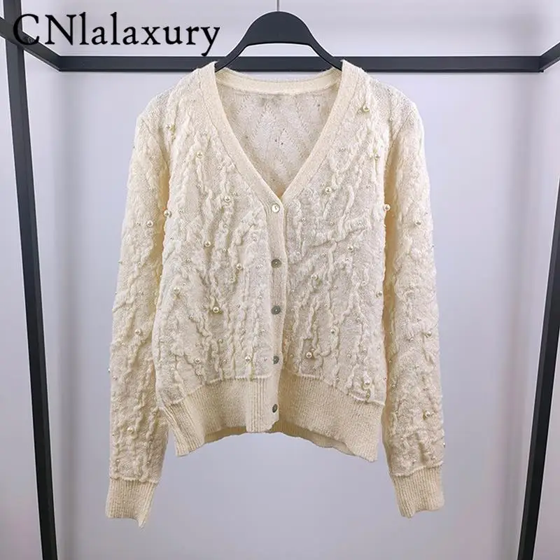 CNlalaxury Women 2024 New Autumn Winter Fashion Artificial Pearls Texture Single-breasted Knitted Sweater Coat Elegant Cardigans