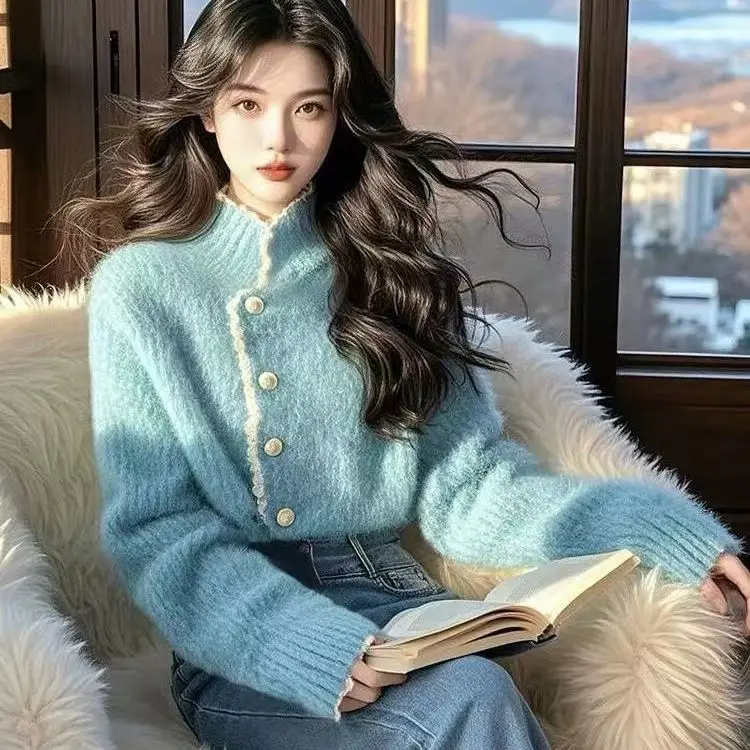 Graceful Blue Color Fungus Lace Turtleneck Knit sweater Cardigan Women 2025 New Winter Design Sense Top E11465