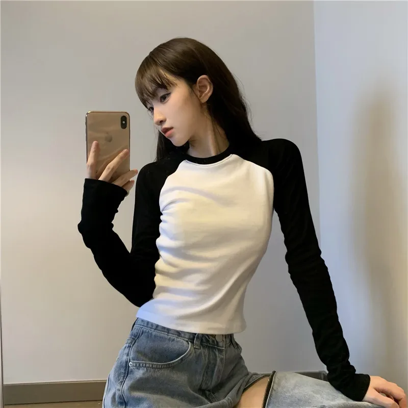 Spicy Short Sleeve Long T-Shirt Women's Inner Match Base Shirt Autumn Winter round Neck Commuter Style Korean Version Base Shirt