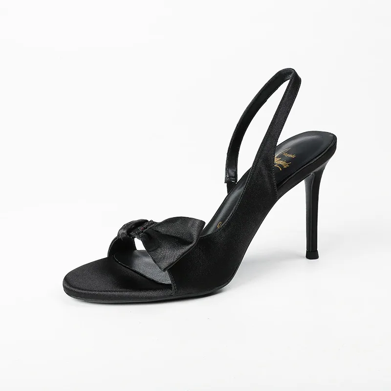 

Purple Black Women's Sandals French Style Temperament Silk Satin High-heeled Sandals Summer Open-toe Bow Strap Stiletto Sandals