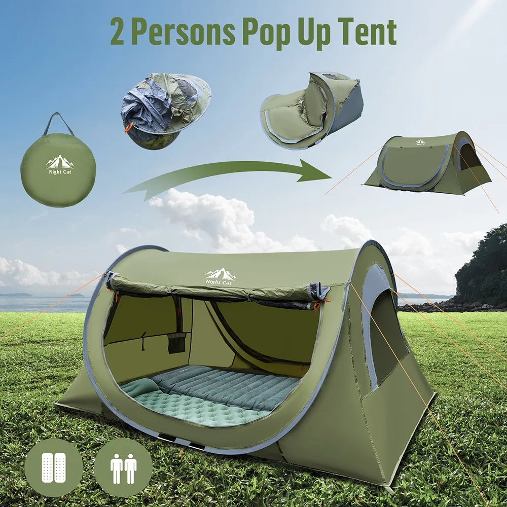 Night Cat Pop Up Tent 2 Person with Mosquito Net : Waterproof Camping Tent Easy Setup for Picnic Festival in Park Backyard
