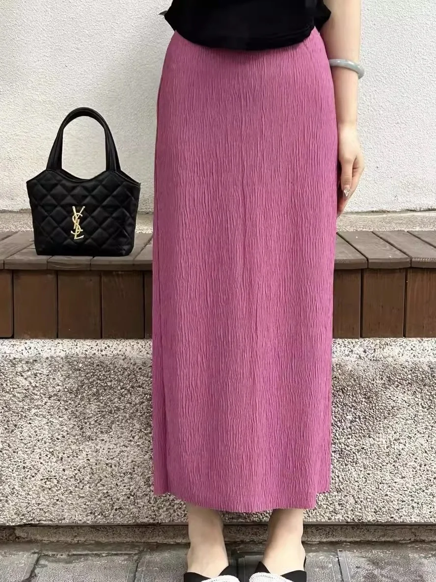 Extra großer Eisseiden-Feeling-Midirock mit asymmetrischem Saum für Damen, Sommer, locker bedeckend, fett, MM, lässiger Rock mit geradem Bein