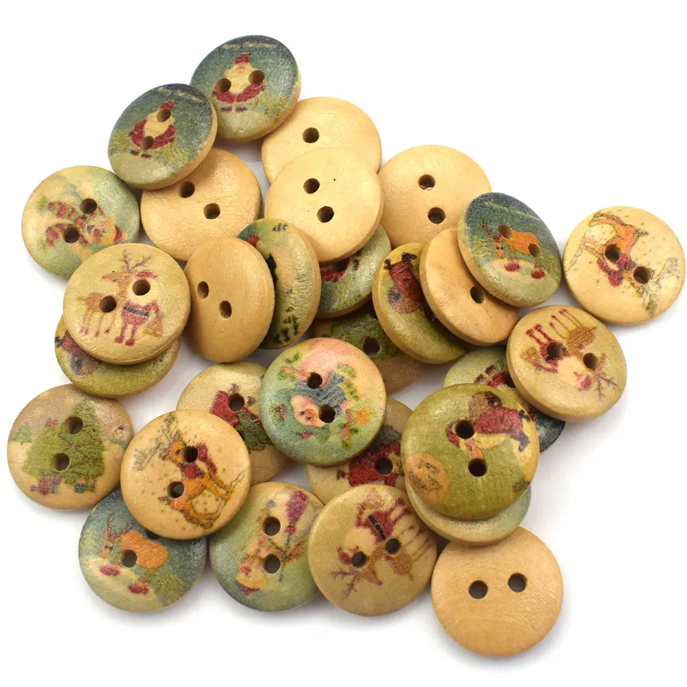 Round Christmas Theme Wooden Buttons, Sewing, Scrapbooking, Clothing Accessories, Crafts Decor, 15mm, 50Pcs