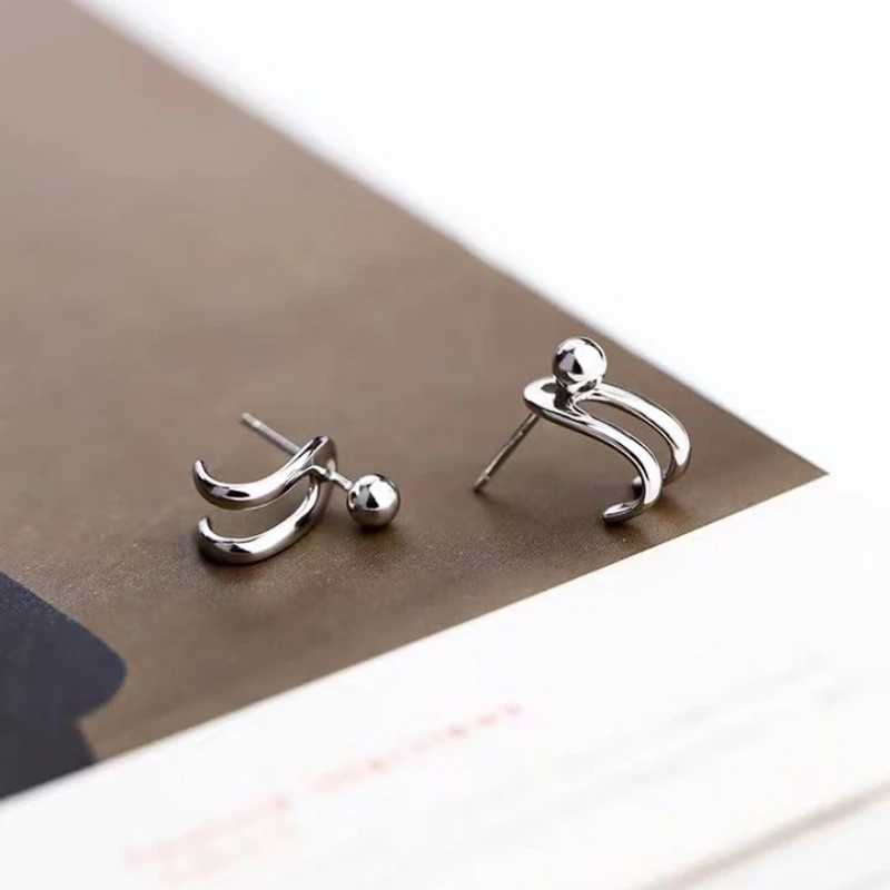 Double Line Hook Curved Ball Back Hang Post Stud Earrings Two in One Geometric Silver Color Metal Brincos Jewelry Girl Gift image 2