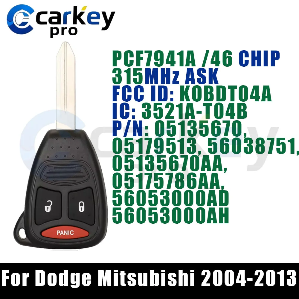 Carkeypro 2+1 Buttons Remote Key 315MHz KOBDT04A PCF7941A / HITAG 2 / 46 CHIP 3521A-T04B For Dodge Mitsubishi 2004-2013