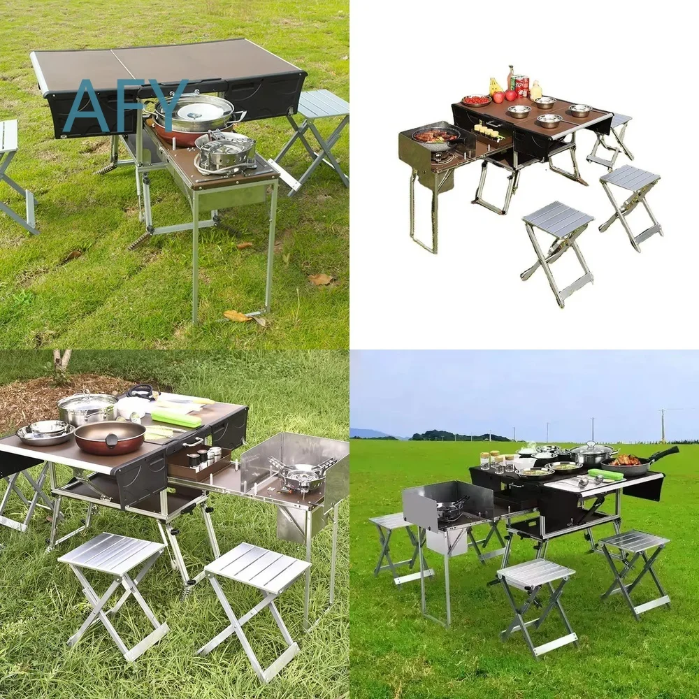 Portable Folding Food Trailer for Outdoor Cooking Grill Dining BBQ Picnic Camping Table Chair Set with Mobile Kitchen