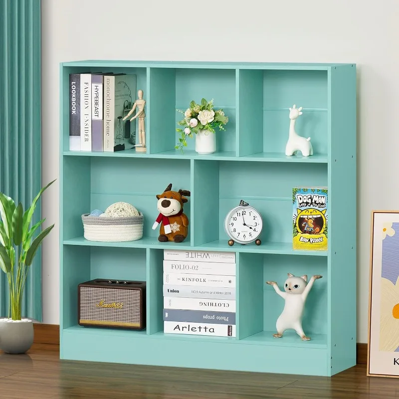 8 Cube Bookshelf with Base,3 Tier Modern Mint-Green Kids Bookcase,Standing Wide Bookshelves Storage Organizer Toy