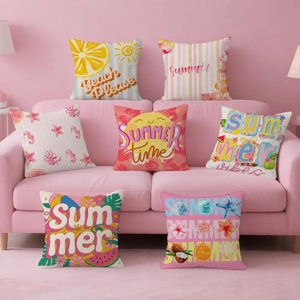 Pattern Summer Happy Cushion Cover Pink Theme Linen‑Texture Double‑Sided Pillow Cover for Sofa Home Decor
