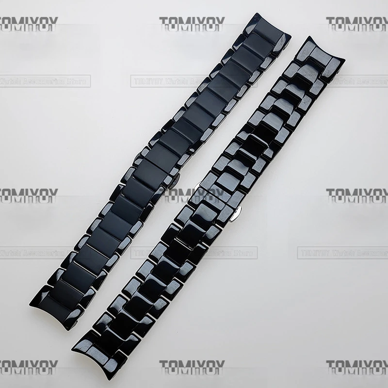 22 24MM Curved End Polished And Brushed Black Zirconia Ceramics Dive Three Beads Watch Band Fit For AR 1400 1451 1452