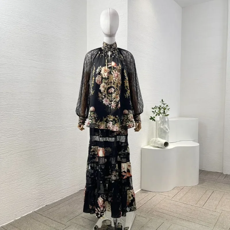 Women's Silk Black Flowers Print Long Sleeve High Quality New Fashion 2024 Diamonds Blouse Tops and Cascading Skirt Set