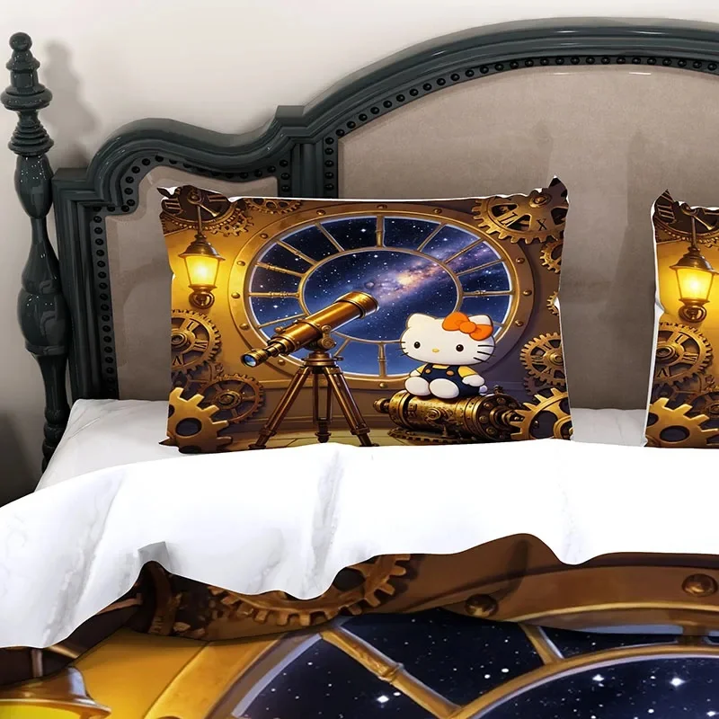 Hello Kitty 3 Piece Bedding Set, 3D Steampunk Telescope Galaxy Gear Microfiber Print Duvet Cover With 2 Pillowcases For Teen Gir
