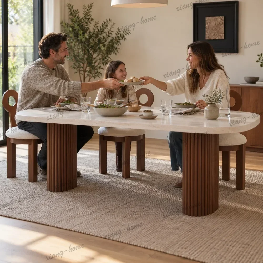 YJ Vintage Semi Oval Sintered Stone Dining Table, High Temperature Resistant Solid Wood Base, 6 Seater For Home & Restaurant