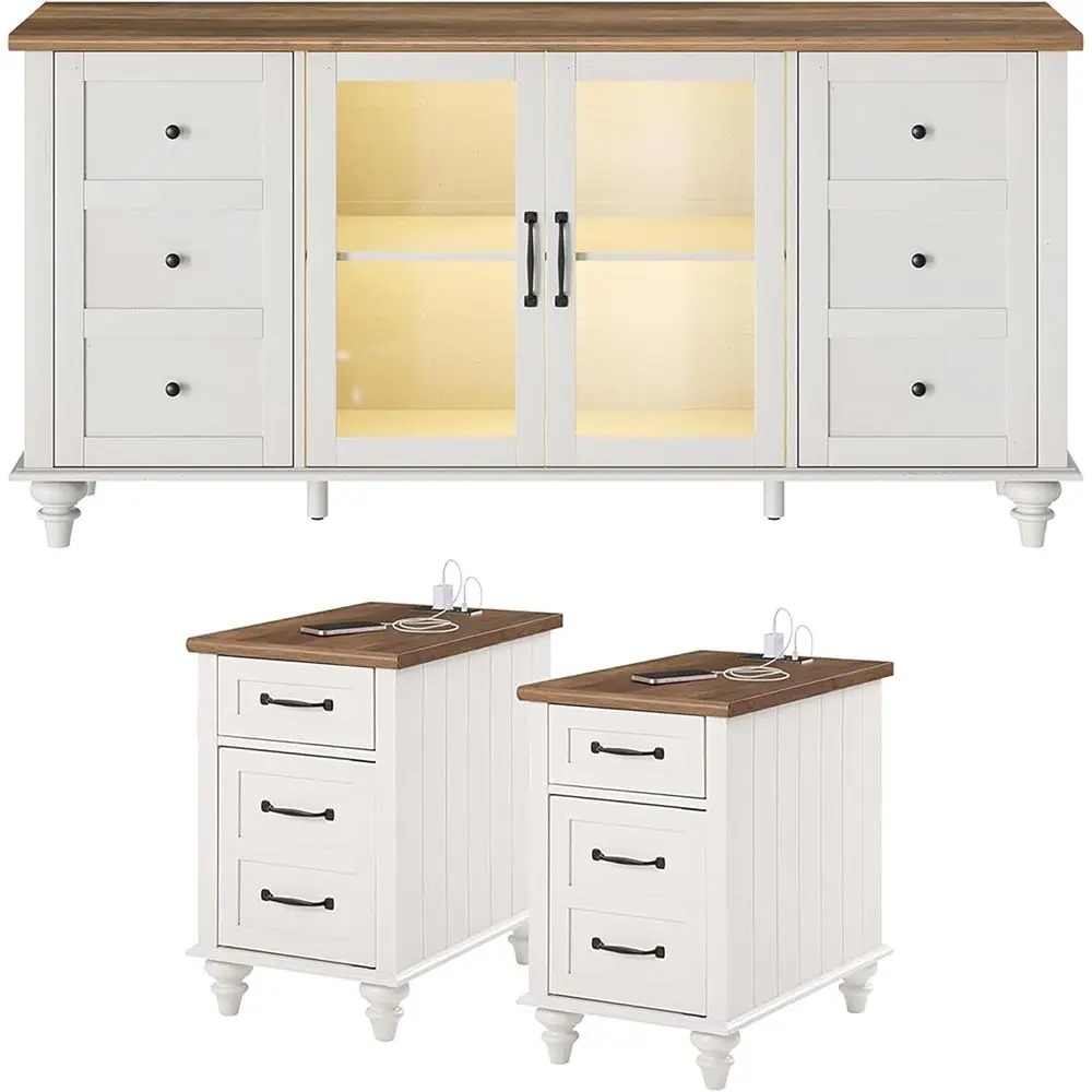 

3 Piece Glass Door TV Stand，1 TV Stand and 2 End Tables or Living Room, armhouse ern Entertainment Center, 2 End Table with 2 De